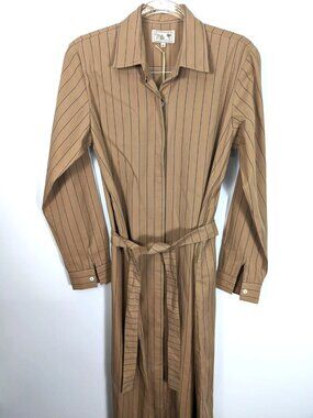 Mille Resort & Travel Cotton Midi Shirt Dress Khaki Tan Blue Pinstripe Size XXS